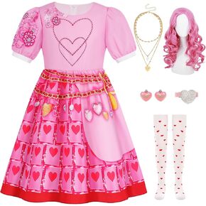 6Pcs Girls Halloween Costume with Wig Kids Outfits Pink Princess Dress Movie Cosplay Birthday Accessories