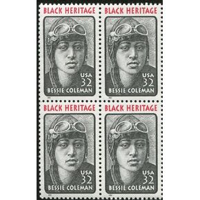 BESSIE COLEMAN ~ BLACK HERITAGE ~ AVIATOR ~ QUEEN BESS ~ PILOT #2956 Block of 4 x 32¢ US Postage Stamps