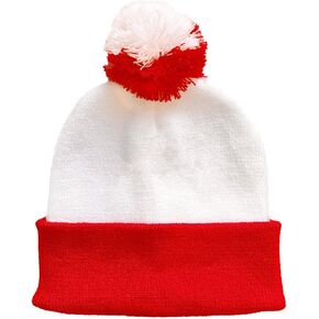 Red White Pom Pom Cuff Knit Beanie Hat - Waldo Costume - Adult Halloween Beanie Hat Christmas Beanie Hat