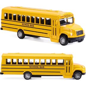 2 Pack Pull Back Bright Yellow School Bus Toys, 5.5" Die-cast Metal Friction Powered Toy Vehicles for Kids Boys Girls