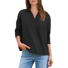 ANRABESS Women Long Sleeve Polo Shirts Casual V Neck Collared Boxy Fit Dressy Work Blouse Top