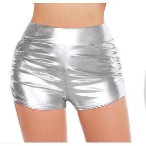 Sparkly Metallic Booty Shorts for Women High Waisted V Back Ruched Dance Rave Cheer Party Clubwear with Pocket in Kuwait