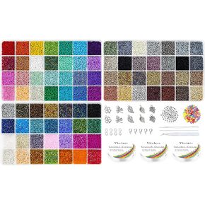 Ybxjges 42000Pcs 2mm Glass Seed Beads 12/0 Small Tiny Beads Kit with 150Pcs Alphabet Letter Beads Pendants Charms Jump Ring Elastic String for DIY Bracelets Necklace Jewelry Making Supplies