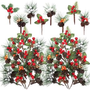 Panelee 48 Pcs Christmas Artificial Pine Picks Floral Pine Cones Sprays Wreath Christmas Decorations Berry Stem Branches with Holly Leaves for Xmas Tree Christmas Winter Holiday