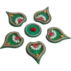 Acrylic Diwali Rangoli Indian 7 Pieces Green Deepak Rangoli Floor Decorations Table Decoration Studded Stones Sequins Traditional Festive Home Door Décor 8 inch