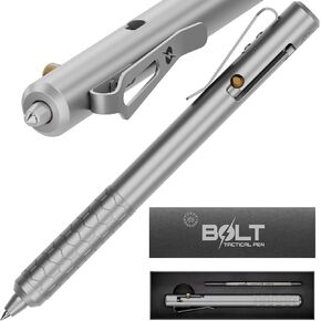 Off-Grid Knives BOLT Tactical Pen with Tungsten Carbide Glass Breaker, Overbuilt Bolt Action XL Writing Tool, Aircraft Aluminum, German Ink, Stainless Steel Clip (Blackout)