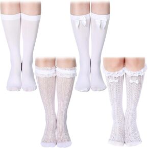 Suhine 4 Pair Oktoberfest Socks Lace Trim Ruffle Long Socks and Satin White Stockings for Women Girls