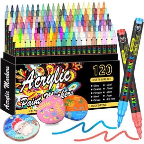 120 Colors Acrylic Paint Pens, Acrylic Paint Markers, 0.7mm Extra Fine Tip Paint Pens for Rock Painting, Canvas, Wood, Stone, Ceramic, Glass, Fabric, DIY Crafts Making Art Supplies
