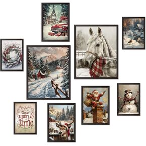 Skyists Vintage Christmas Wall Art Prints Christmas Wall Decor, Reindeer, Pine Tree，Santa Claus, Snowman, Winter Scene Decorations for Living Room, Bedroom (Unframed)