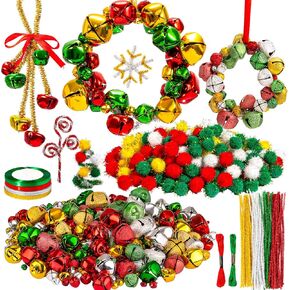 Whaline 536Pcs Christmas Jingle Bell Wreath Christmas Tree Ornaments Craft Kit Jingle Bell Metallic Chenille Stems Glitter Pompoms Ribbon Cotton Rope for Kids Holiday DIY Xmas Tree Artwork