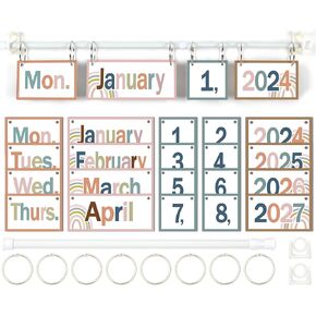 Boho Calendar Bulletin Board Boho Rainbow Flip Calendar Set with Holder Boho Classroom Decoration with 54 Date Cards Adjustable Calendar Holder for Classroom Home Decor Supplies