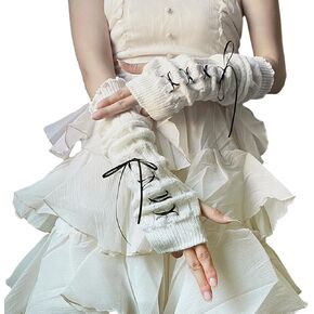 Arm Warmers Cute Y2k Harajuku Japanese Style Long Fingerless Gloves for Women Girls, Cold Weather Fsahion Lotila Arm Sleeve Thumb Hole Gloves (15.7Inch)(White)