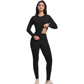 Women's Long Sleeve Workout Sets Outfits Fitted Activewear T-Shirt Leggings Pants Ribbed Cotton CasualMatching Lounge Set