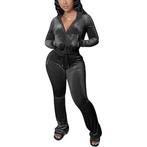 GLIENST Womens Casual 2 Piece Velour Tracksuit Sets Outfits Long Sleeve Zip Up Jogging Hooded Sweatshirts With Pockets