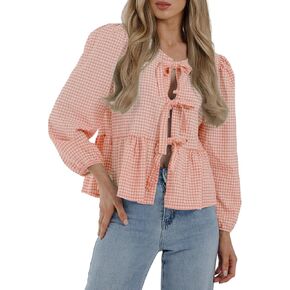 PRETTYGARDEN Women's Babydoll Peplum Blouse Shirt Puff Long Sleeve Bow Tie Front Trendy Cute Y2K Going Out Tops