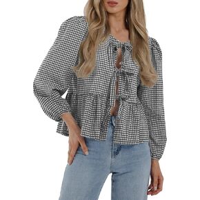 PRETTYGARDEN Women's Babydoll Peplum Blouse Shirt Puff Long Sleeve Bow Tie Front Trendy Cute Y2K Going Out Tops