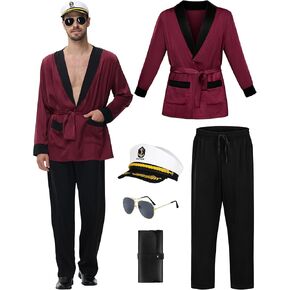 Men's Captain Costume Set Halloween Red Silky Robe Jacket Pajama Pants Outfits Captain Hat Sunglasses Accessories
