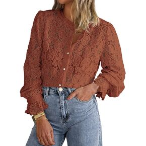 PRETTYGARDEN Women's Dressy Casual Lace Blouse Long Sleeve Button Up Shirts Tops Fall Fashion Clothes