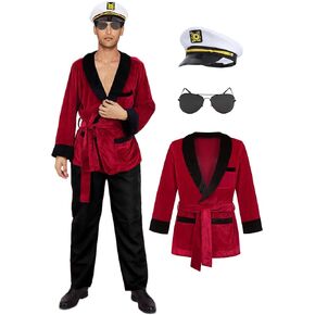 Oumbivil Red Robe Men Costume Captain Costume Adult Women Hallowen Costumes Celebrity Costume Velvet Robe Jacket with Hat