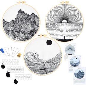 Crafmanoe Easy Embroidery Kits for Beginners Embroidery Starter Kits for Adults & Kids, Sea Stamped Cross Stitch Kits for Beginners Adults, Line Hand Embroidery Needlepoint Kit, 3 Set Embroidery Hoops