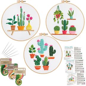 Louise Maelys 3 Sets Flowers Embroidery Kits for Beginners,Cross Stitch Kit for Adults,Crewel Starters Needlepoint with Floral Pattern,Hoop,Threads and Instruction