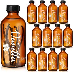 Uiifan 12 Pack 8 oz Amber Glass Bottle Boston Round Bottles with Caps Brown Vanilla Extract Bottles High Temperature Screen Printing for Syrup Gift Glass Food Storage Canister Set Sauce Beans