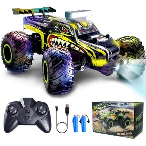 Remote Control Car, Remote Control Truck, 2.4Ghz All Terrain Off-Road Monster Truck, 20 KM/H Rc Cars with LED Bodylight and 2 Rechargeable Batteries Toys for Boys and Girls 4-7 8-12 Years Old(Yellow)