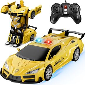 Remote Control Car, Transform Robot RC Cars, 2.4Ghz 1:18 Scale Transforming Police Toy Cars with One-Button Deformation and 360° Rotating Drifting, Gift for Kids 8-12 Boys Girls (Yellow)