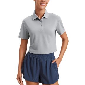CRZ YOGA Golf Crop Polo Shirts for Women 3 Button Collared Quick Dry Tennis T-Shirt Short Sleeve Workout Athletic Tops