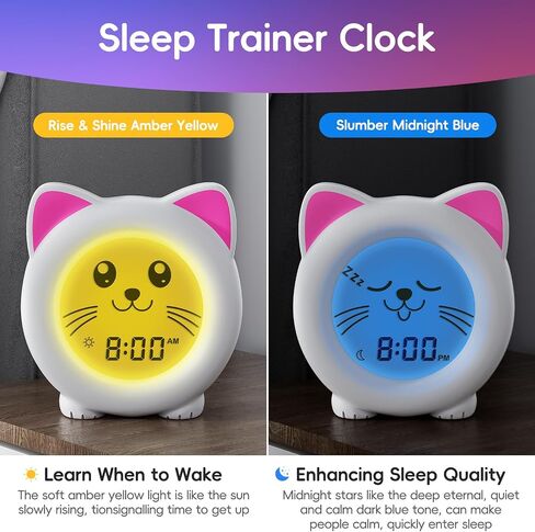 B&H Toddler Sleep Trainer Clock, Kids Alarm Clock and Night Light, USB Rechargeable | Drop Proof, Science-Backed Lighting for Children Peaceful Sleep and OK to Wake Mornings (Kitty) in Saudi Arabia