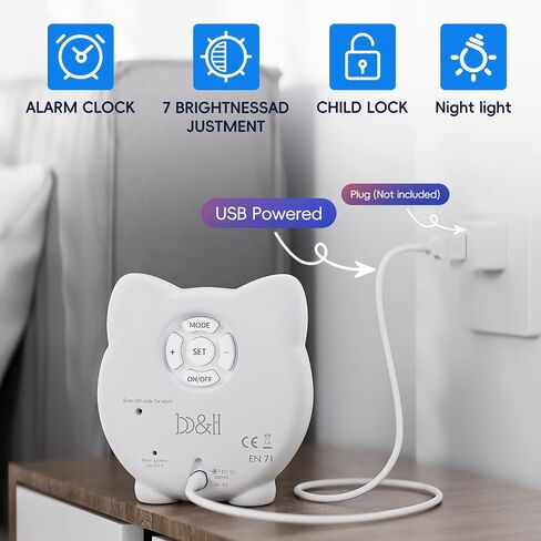 B&H Toddler Sleep Trainer Clock, Kids Alarm Clock and Night Light, USB Rechargeable | Drop Proof, Science-Backed Lighting for Children Peaceful Sleep and OK to Wake Mornings (Kitty) in Saudi Arabia