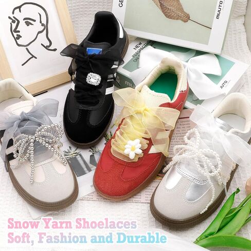 Flat Snow Yarn Shoelaces: 2.5CM Wide Fashion Sheer Tulle Shoelaces 2 Pairs in Saudi Arabia
