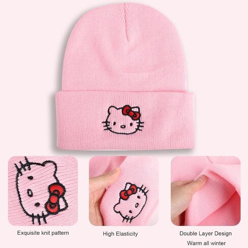 Cartoon Cat Beanie Pink Beanies Knit Beanie,Anime Beanie Kawaii Hat for Teen Ladies,Embroided Knit Hats Yk2 Accessories Birthday Gift in Saudi Arabia