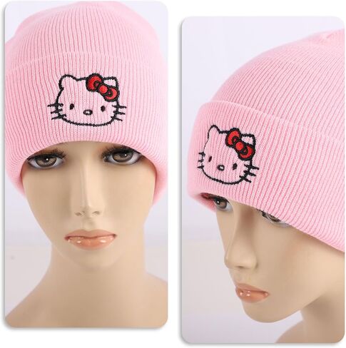 Cartoon Cat Beanie Pink Beanies Knit Beanie,Anime Beanie Kawaii Hat for Teen Ladies,Embroided Knit Hats Yk2 Accessories Birthday Gift in Saudi Arabia