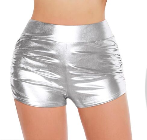 Sparkly Metallic Booty Shorts for Women High Waisted V Back Ruched Dance Rave Cheer Party Clubwear with Pocket in Kuwait