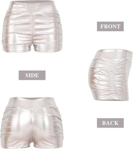 Sparkly Metallic Booty Shorts for Women High Waisted V Back Ruched Dance Rave Cheer Party Clubwear with Pocket in Kuwait