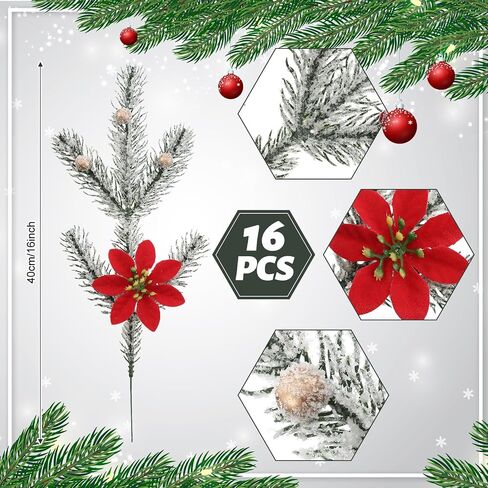 16 قطعة من مخاريط الصنوبر لعيد الميلاد، أعواد التوت الاصطناعي، رذاذ الفروع، سيقان الزهور الخضراء الصناعية، إبر الصنوبر هولي الثلجية لشجرة عيد الميلاد، إكليل إكليل ديكور الحرف اليدوية (نمط الحلوى) in Saudi Arabia