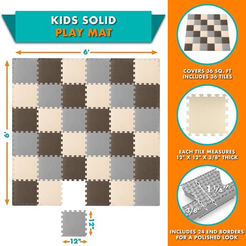 ProSource Foam Puzzle Floor Play Mat for Kids and Babies with Solid Colors, 36 or 16 Interlocking Tiles with Borders, Brown/Beige/Grey in Saudi Arabia