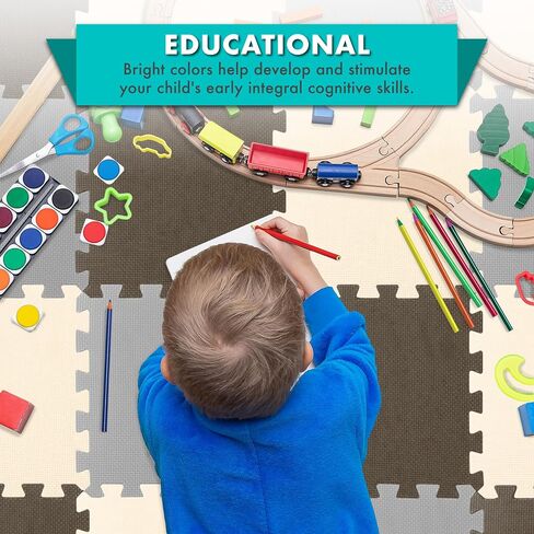ProSource Foam Puzzle Floor Play Mat for Kids and Babies with Solid Colors, 36 or 16 Interlocking Tiles with Borders, Brown/Beige/Grey in Saudi Arabia