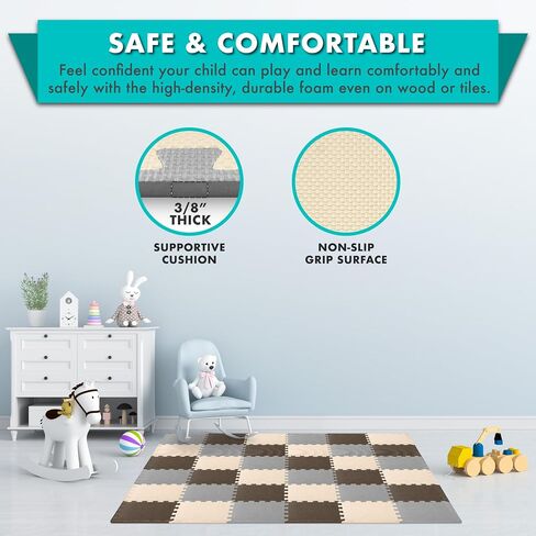 ProSource Foam Puzzle Floor Play Mat for Kids and Babies with Solid Colors, 36 or 16 Interlocking Tiles with Borders, Brown/Beige/Grey in Saudi Arabia