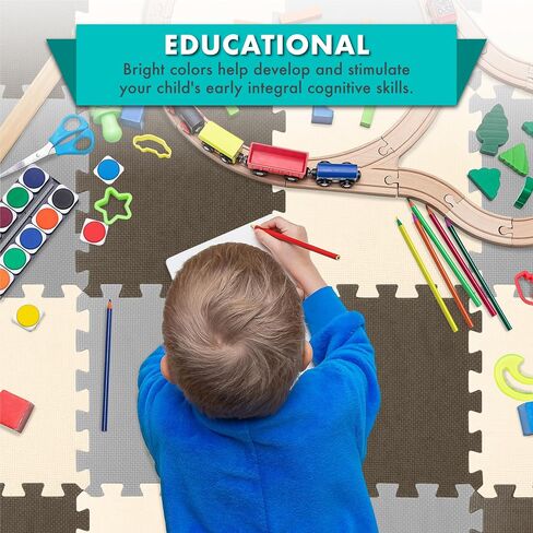 ProSource Foam Puzzle Floor Play Mat for Kids and Babies with Solid Colors, 36 or 16 Interlocking Tiles with Borders, Brown/Beige/Grey in Saudi Arabia