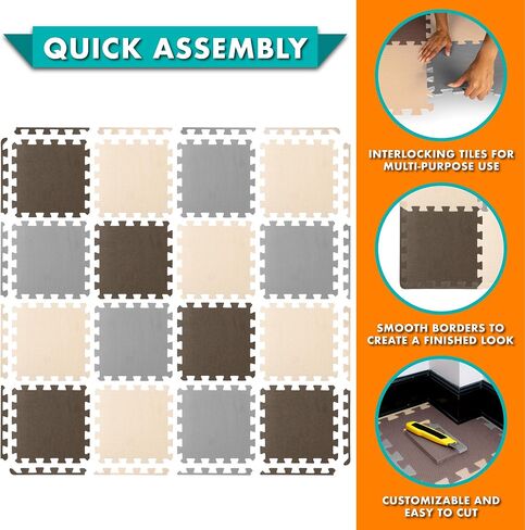 ProSource Foam Puzzle Floor Play Mat for Kids and Babies with Solid Colors, 36 or 16 Interlocking Tiles with Borders, Brown/Beige/Grey in Saudi Arabia