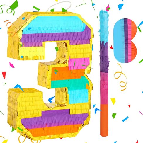 Rainbow Number 3 Pinata with a Blindfold and Bat for Boys Girls 3rd Birthday Party, Kids Anniversary Celebration, Fiesta Supplies (16.1 x 10.6 x 3.2 Inches) in Kuwait