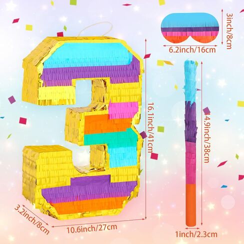 Rainbow Number 3 Pinata with a Blindfold and Bat for Boys Girls 3rd Birthday Party, Kids Anniversary Celebration, Fiesta Supplies (16.1 x 10.6 x 3.2 Inches) in Kuwait
