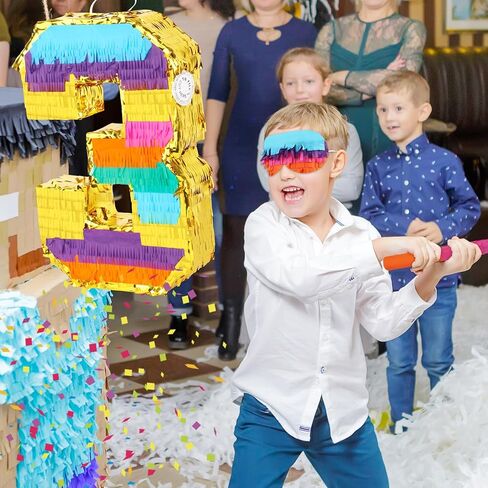 Rainbow Number 3 Pinata with a Blindfold and Bat for Boys Girls 3rd Birthday Party, Kids Anniversary Celebration, Fiesta Supplies (16.1 x 10.6 x 3.2 Inches) in Kuwait