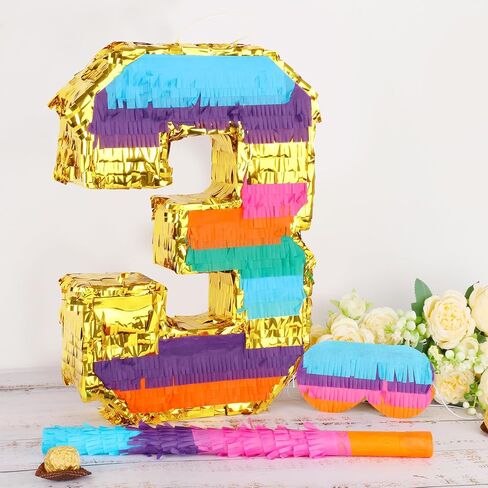 Rainbow Number 3 Pinata with a Blindfold and Bat for Boys Girls 3rd Birthday Party, Kids Anniversary Celebration, Fiesta Supplies (16.1 x 10.6 x 3.2 Inches) in Kuwait