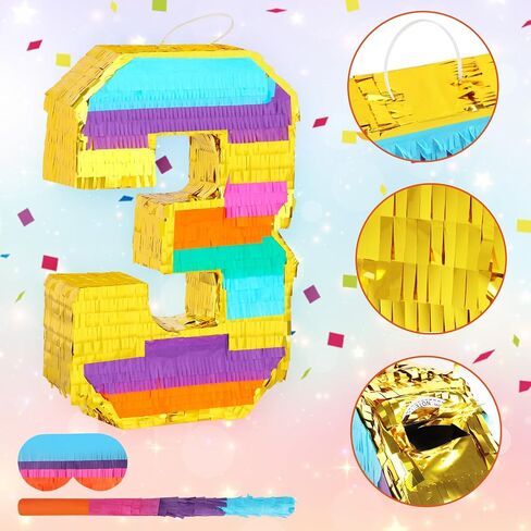 Rainbow Number 3 Pinata with a Blindfold and Bat for Boys Girls 3rd Birthday Party, Kids Anniversary Celebration, Fiesta Supplies (16.1 x 10.6 x 3.2 Inches) in Kuwait