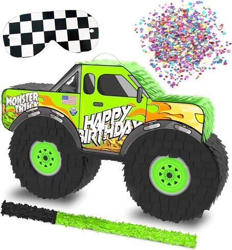 Monster Truck Piñata, 4 Piece Set, perfect for Kids Birthday Parties, Race Car Party Supplies fits piñata candy and party favors (16"X10") durable! (Blue Monster Truck) in Kuwait