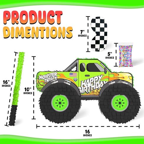 Monster Truck Piñata, 4 Piece Set, perfect for Kids Birthday Parties, Race Car Party Supplies fits piñata candy and party favors (16"X10") durable! (Blue Monster Truck) in Kuwait