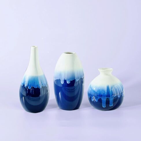 Blue and White Ceramic Vase Set of 3, Pampas Grass and Dried Flowers Decorative Vases, Mini Ceramic Vases for Home Decor, Center Pieces Decoration for Table in Kuwait
